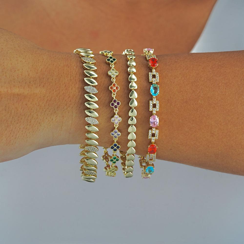 Maral 14 ayar altın rengi renkli taşlı yonca bileklik