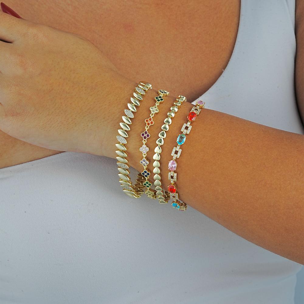 Maral 14 ayar altın rengi renkli taşlı yonca bileklik
