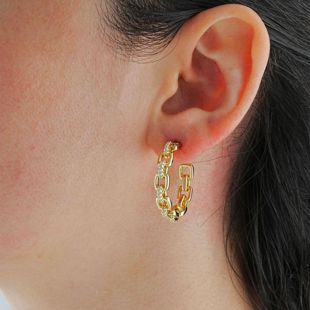 Maral 14 ayar altın rengi taşlı halka zincir küpe