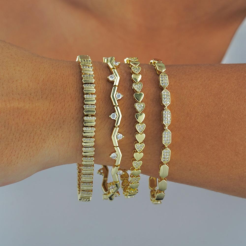 Maral 14 ayar altın rengi taşlı kalp zigzak kombin bileklik