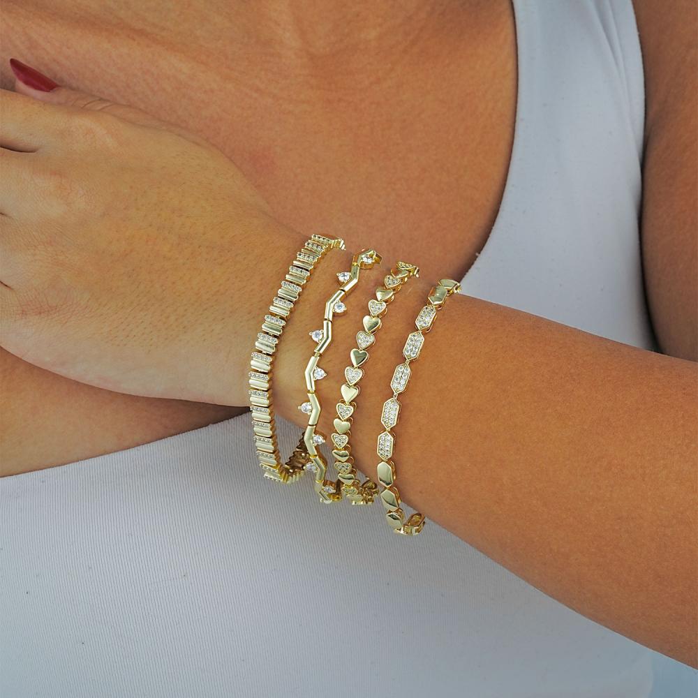 Maral 14 ayar altın rengi taşlı kalp zigzak kombin bileklik