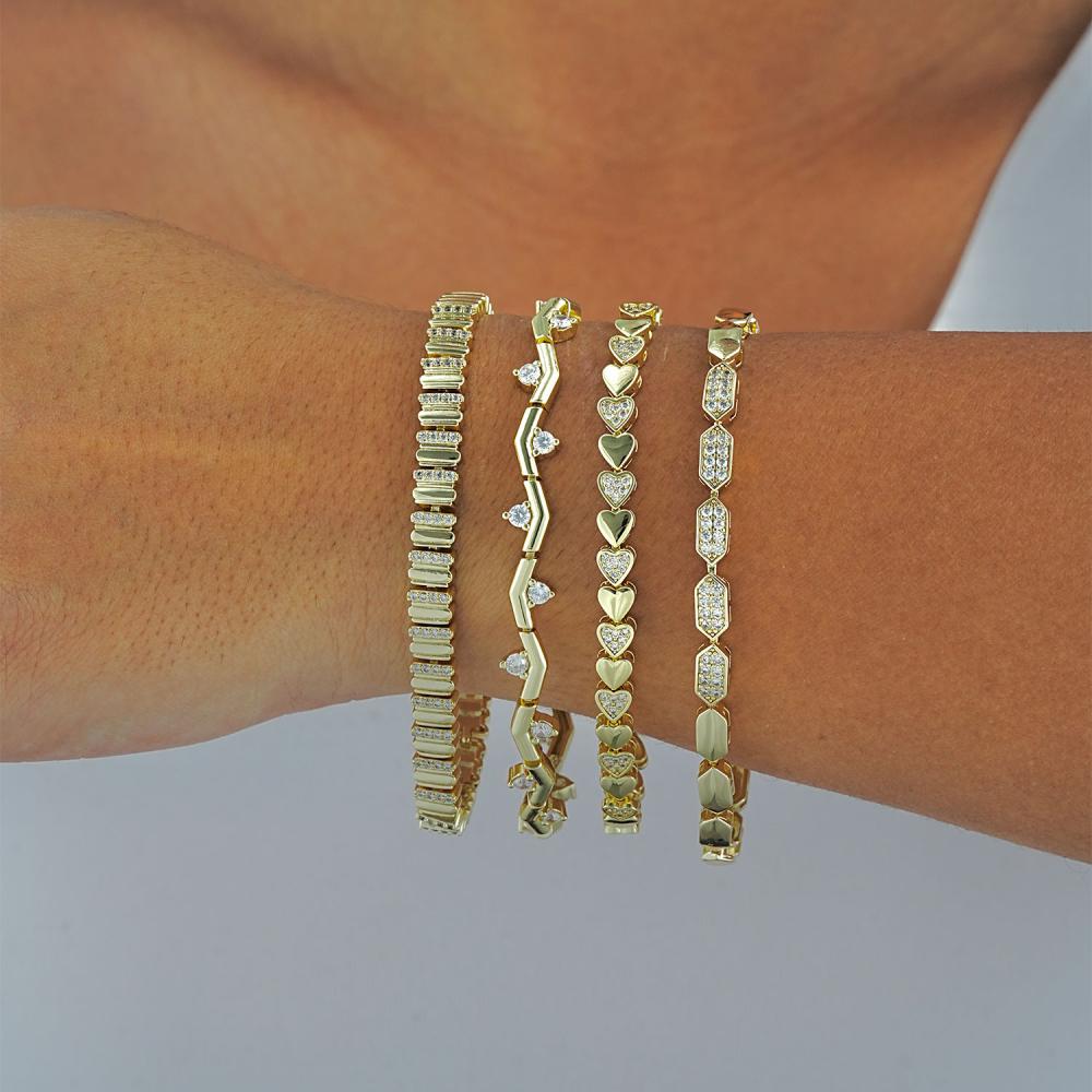 Maral 14 ayar altın rengi taşlı kalp zigzak kombin bileklik