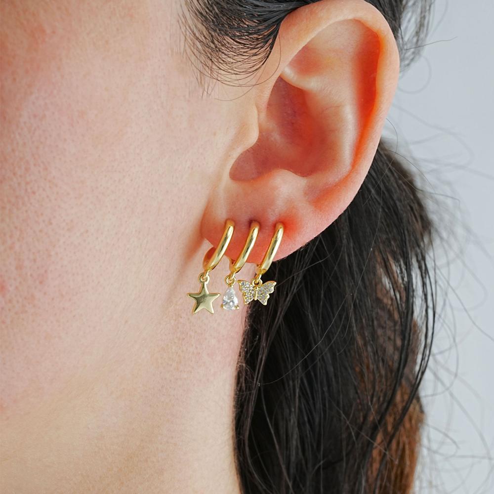 Maral 14 ayar altın rengi üçlü görünüm kelebek küpe