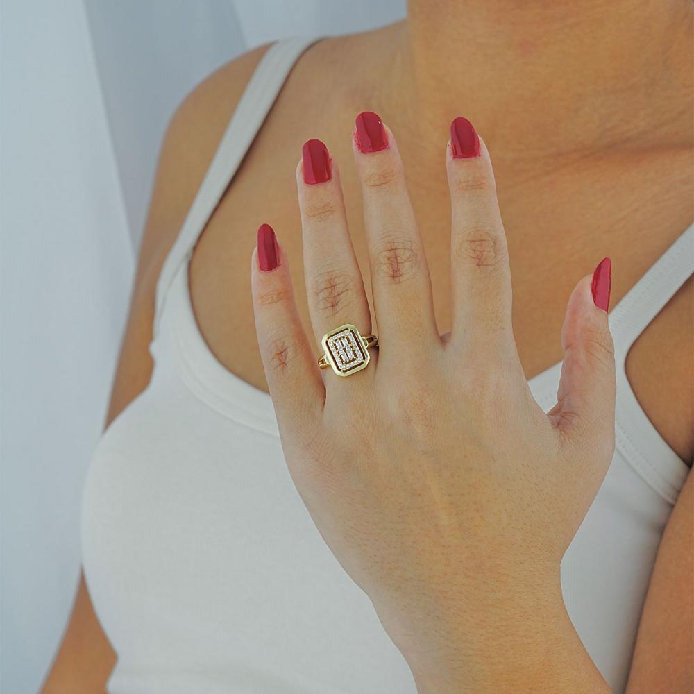 Maral 14 ayar altın rengi zirkon taşlı baget yüzük