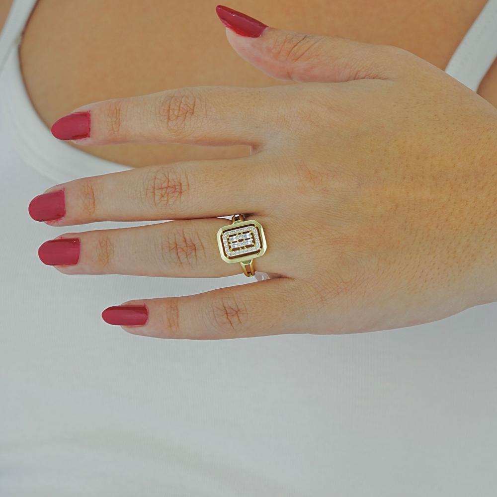 Maral 14 ayar altın rengi zirkon taşlı baget yüzük